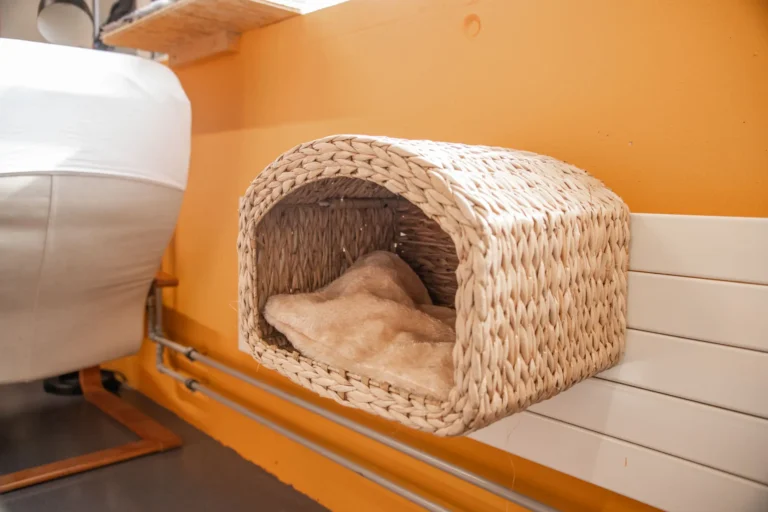 Ein geflochtener Korb als Katzenbett, das an einer Wand montiert ist, mit einem weichen Kissen darin.